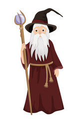 Vector illustration of a wizard with a staff, featuring a bearded character with a pointed hat. The scene captures a fairytale character.