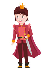 Vector illustration of a prince with a crown and robe, featuring a royal character in a red outfit. The scene captures a fairytale character.