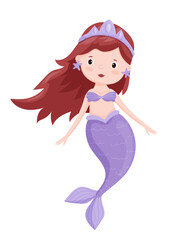 Vector illustration of a mermaid with red hair, featuring a mythical character with a fish tail. The scene captures a fairytale creature.