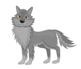 Vector illustration of a wolf with gray fur, featuring a wild animal character. The scene captures a fairytale creature.