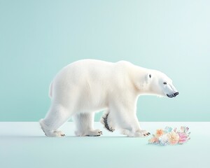 Fototapeta premium Polar bear walks towards flowers for pastel background.