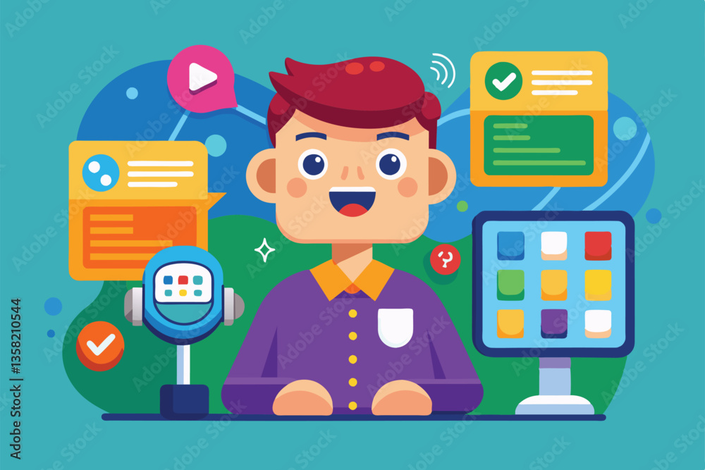 Poster a cheerful cartoon character is using a customizable voice interface at a colorful desk with a compu