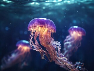 Naklejka premium Glowing Jellyfish Underwater Ocean.