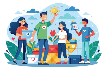 Four volunteers engage in charitable activities, distributing supplies and helping the community on a bright day, Volunteering Customizable Disproportionate Illustration