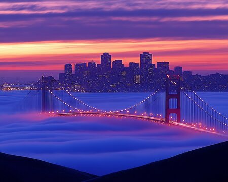 Golden Gate Bridge Sunrise Fog. - Powered by Adobe