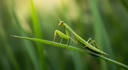 Fototapeta premium Green Praying Mantis in Grass.