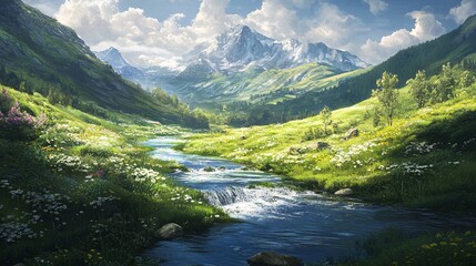 Obraz premium A Stunning Crystal-Clear Mountain Stream Flowing Through an Enchanting Green Valley