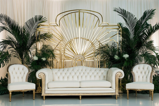 Art Deco Wedding Stage with Palm Leaves Gold Architectural Gatsby Inspired
