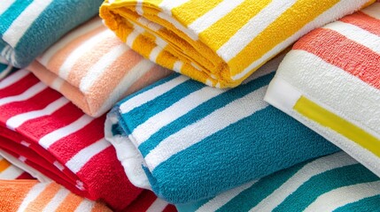 Top down view of folded beach towels vibrant striped patterns evoking tropical vibes