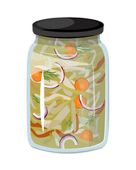Vector illustration of a jar filled with pickled cabbage, carrots and onions, featuring a glass jar with a black lid. The scene captures preserved food in a container.