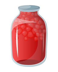 Vector illustration of a classic Slavic three-liter jar filled with raspberry and strawberry compote, featuring a glass jar. The scene captures preserved food in a container.