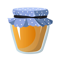 Vector illustration of a jar filled with honey, featuring a glass jar with a fabric top. The scene captures preserved food in a container.
