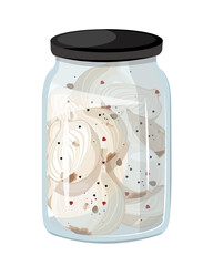 Vector illustration of a jar filled with pickled onions, featuring a glass jar with a black lid. The scene captures preserved food in a container.