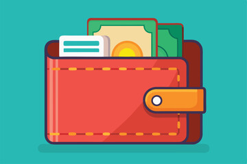 A detailed illustration showcases a customizable wallet filled with cash and cards, set against a bright backdrop, Wallet Customizable Flat Illustration