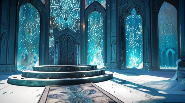 The majestic throne room of the Ice Queen surrounded by shimmering ice walls, illuminated by ethereal blue light, capturing the essence of a magical winter wonderland