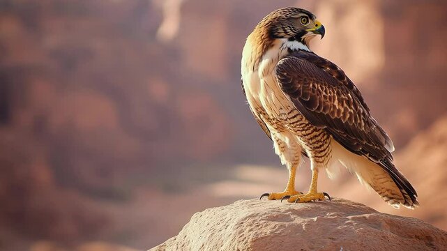 A majestic hawk perched on a rock, captured in a close-up, eye-level angle. The video showcases its detailed feathers against a blurred desert backdrop.