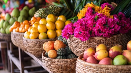 Lush Island Market Display Featuring Exotic Flowers and Bountiful Fruits