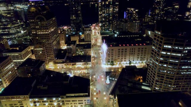 Westlake Center Seattle Aerial with Christmas Lights