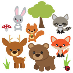 Cute baby forest animals collection vector cartoon illustration