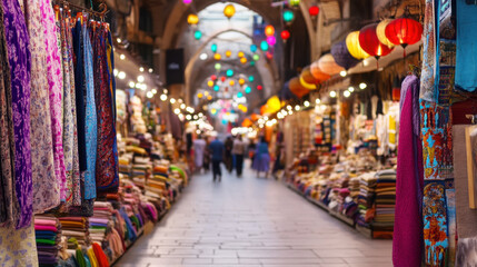 Obraz premium Vibrant bazaar in istanbul featuring colorful textile stalls and lanterns