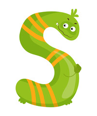 Vector illustration of the letter S as a monster character, featuring a green and yellow design with stripe. The scene captures a playful alphabet letter.