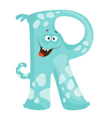 Vector illustration of the letter R as a monster character, featuring a blue design with eye and mouth. The scene captures a playful alphabet letter.