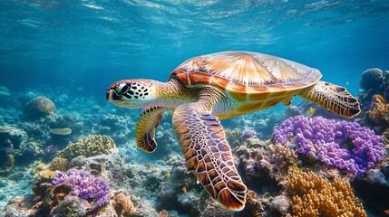 Obraz premium Stunning underwater view of a sea turtle navigating colorful coral formations