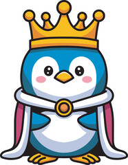 Penguin king with gold crown cartoon illustration