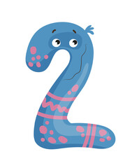 Naklejka premium Vector illustration of the number 2 as a monster character, featuring a blue design with stripes. The scene captures a playful number.