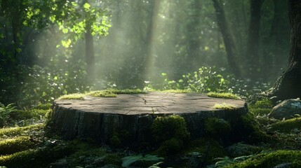Sunlit Forest Scene with Mossy Tree Stump