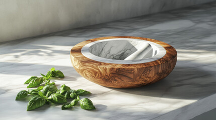 Fototapeta premium A polished wooden kitchen island with a marble mortar and pestle, fresh green basil leaves scattered beside it, soft and warm lighting emphasizing the texture of the wood and herbs