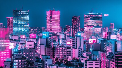 Obraz premium Neon-lit city skyline with skyscrapers in a cyberpunk aesthetic at night