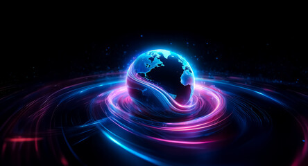 A glowing globe surrounded by vibrant neon trails swirling on a dark background. Abstract representation of global connectivity and digital energy.