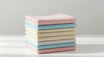 A stack of soft cotton washcloths for baby care, arranged on a white surface.
