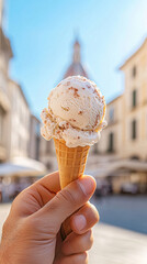 Close-up of hand holding gelato cone in sunny italian street scene