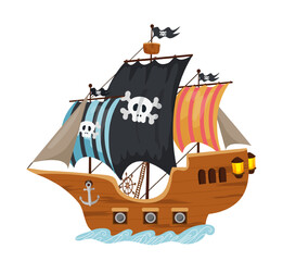 Charming vector illustration of a cartoon-style pirate ship with a black flag. The scene captures a playful and adventurous feel.