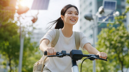Obraz premium Joyful woman riding electric scooter in urban environment with solar panels