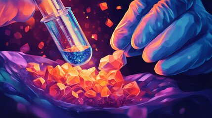 Analytical sample of copper ore for testing purposes. concept copper analysis, sample preparation, test methods, mineral composition, laboratory procedure. Spectral Ore. Illustration