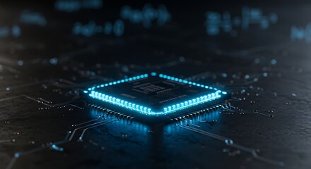 Glowing Blue Computer Chip on Circuit Board Background for Tech Concepts