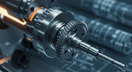 Fototapeta premium Close-up of Precision Machined Metal Gear Assembly with Technical Blueprint