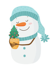 Cartoon Snowman Holding a Christmas Tree