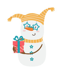 Cartoon Snowman with a Gift Box