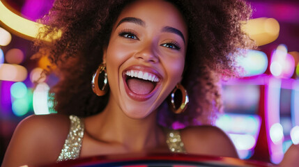 Joyful african female adult enjoying nightlife with bright neon lights