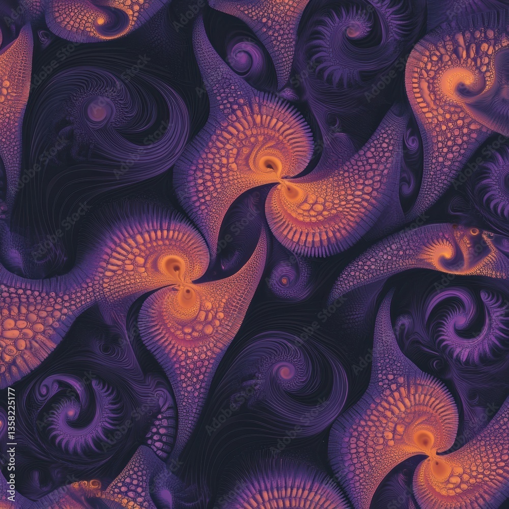Fototapete intricate fractal pattern featuring cosmic shapes and vibrant color gradients in deep purple and ora