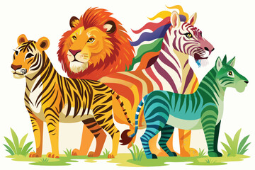 Fototapeta premium A vibrant watercolor vector displays a zebra, turtle, tiger, and lion together in a lively and engaging composition, Watercolor vector of zebra, turtle, tiger, and lion from Safari Animal set