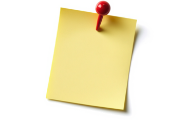 Yellow sticky post it note with red pushpin isolated on transparent background
