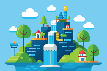 A colorful cartoon illustration showcases a cascading waterfall surrounded by trees and charming houses, Waterfall method Customizable Cartoon Illustration