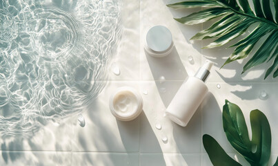 White cream and lotion bottles on white tiles by rippling water and tropical leaves create a refreshing summer skincare scene