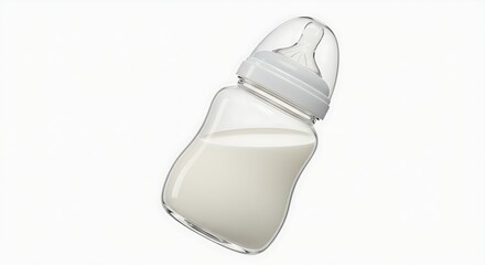 Fototapeta premium A newborn baby bottle with a transparent design, filled with milk, against a white backdrop.