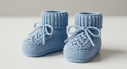 A pair of tiny knitted baby booties in light blue, placed on a white surface.